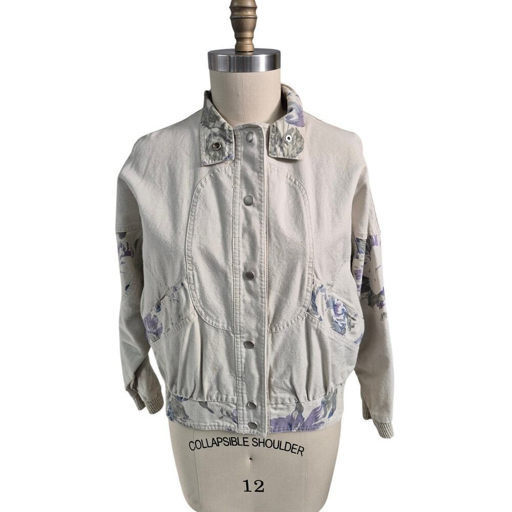 VTG 80s 70s Y2K City Limits Denim Jacket Beige w/Contrasting Floral Accents M